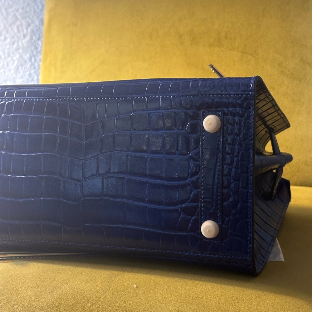Blue Crocodile Embossed Leather Handbag with bag Charm - Picture 7 of 9